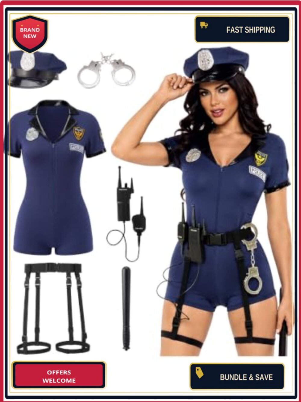 Women's Police Costume 6 Pc Set Romper Hat Belt Baton Handcuffs